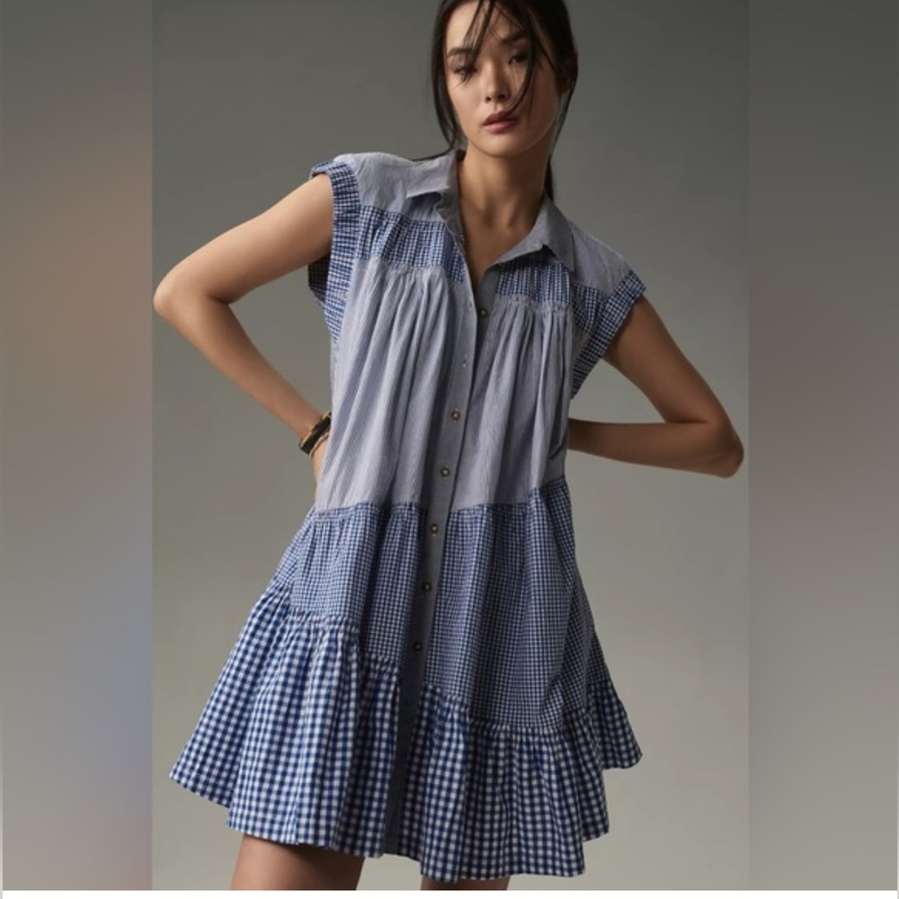 By Anthropologie Short-Sleeve Gingham Tunic Mini Dress spring